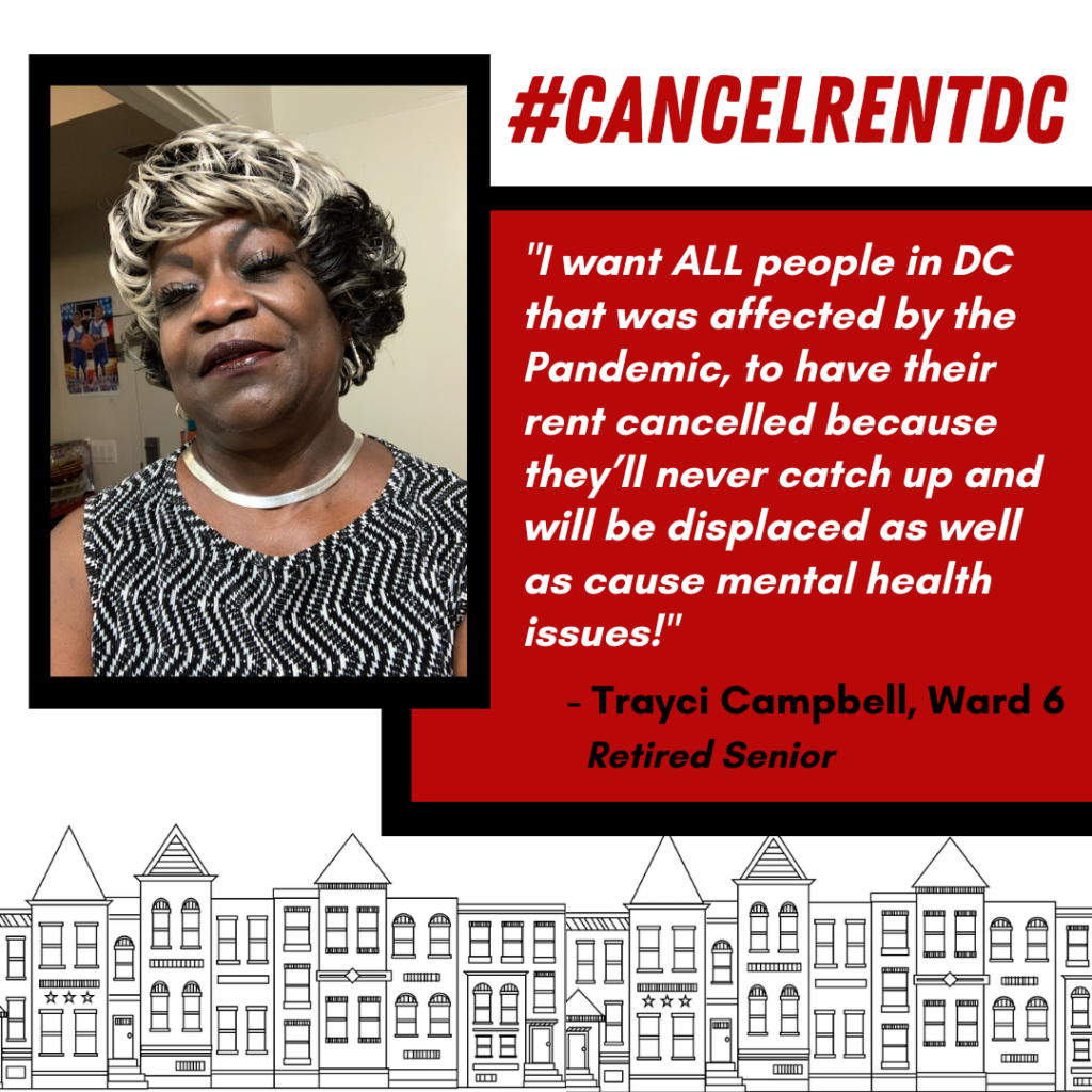 Picture of Trayei Campbell from Ward 6. White text in a red box features a quote by Trayei explaining that rent should be cancelled for all people affected by the pandemic to address issues related to displacement and mental health.
